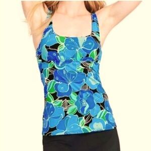 New Lands End Tankini  Black Deco Floral with Underwire Bra women’s 10